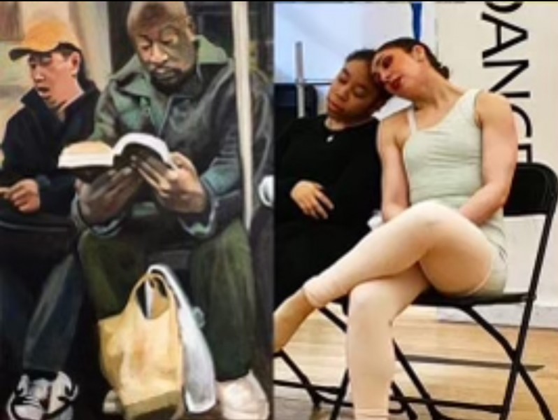2 "sleeping" sitting dancers interspersed on a subway painting with a man reading.