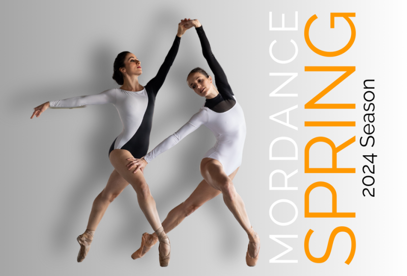 Two dancers in black and white in pointe shoes lunging with words reading MorDance Spring 2024 Season