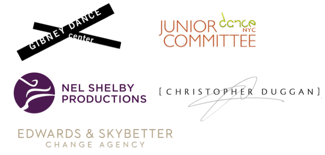 Logos for Gibney Dance Center, Dance/NYC Junior Dance Committee, Nel Shelby Productions, Christopher Duggan, and Edwards & Skybetter