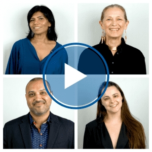 A collage of headshots featuring Reshma Patel, Grethe Barrett Holby, Barbara Erin Delo, and John Medina; all patrons for dance, smiling brightly at the camera. In the center of the collage is a blue circle with a white triangle inside forming a 