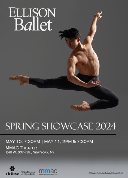 Promotional image of teenage male ballet dancer jumping with Ellison Ballet logo 