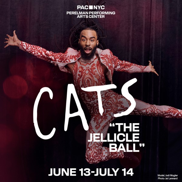 A man in a red and white full leotard, jumping with the text "Cats: The Jellicle Ball" and "June 13-July 14" in white on top