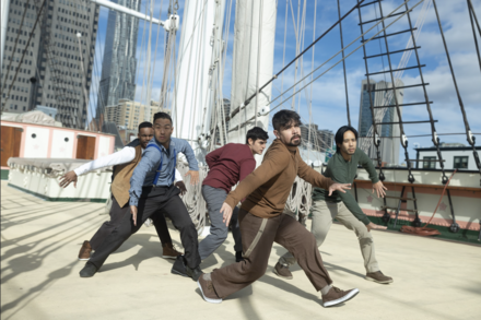 Dancers move in unison aboard the Tallship Wavertree at South Street Seaport Museum in lower manhattan