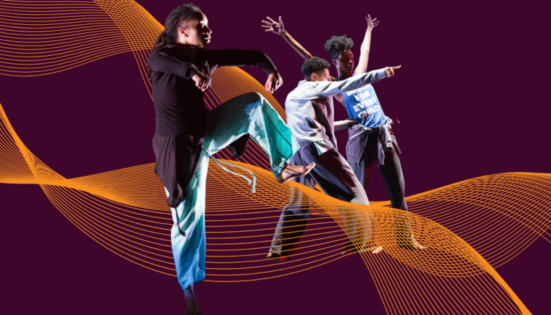 A purple and orange graphic of two dancers in front of a purple and orange background,