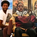 a dancer interspersed with a painting of sleepy subway riders