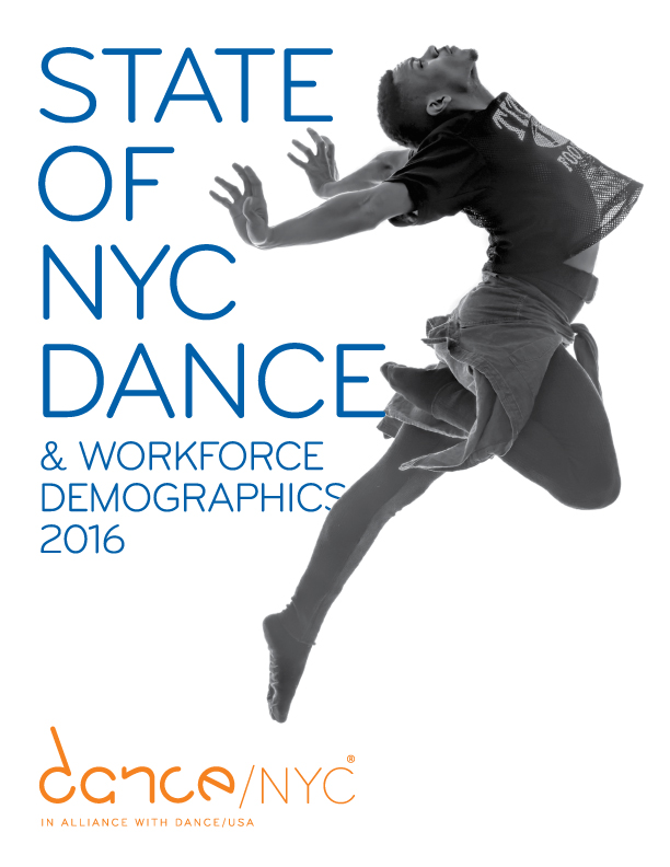 State of NYC Dance & Workforce Demographics 2016. A dancer jumps upward, head and chest pointed up, arms extended back, with one leg folded and the other pointed.