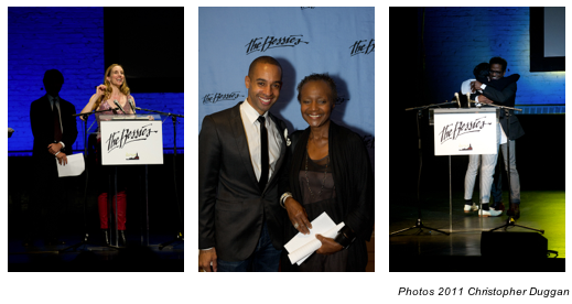 Three photographs from the Bessie Awards, showing award presenters and recipients.