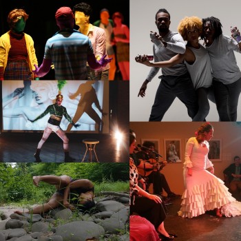 A collage of images representing some of the grantees. Clockwise from the upper left: a group of people wearing full body spandex suits in different vibrant colors - wearing vintage clothing and hats and wigs. Three people wearing grey tops and black pants are connected to each other by their torsos, they are holding spray paint cans towards something and are preparing to spray the contents out. A woman wearing a white flamenco dress with ridges from her calves down, behind her are a band of musicians, there are paintings on the wall that appear to be of people. A woman is curled on a bed of rocks with her left side pressed against the ground, her right hand pushing the ground for support, while her right leg is suspended and flexed in mid-air. A person wearing a green marching band outfit and with white underwear and no pants, behind them is the projection of a black and white vintage movie