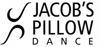 Black Jacob's Pillow logo with a mirror swirl design on the left