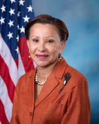 A Headshot for Nydia Velazquez. Nydia wears an orange blazer, with a pearl necklace and matching earrings. An American Flag is seen in the background. 