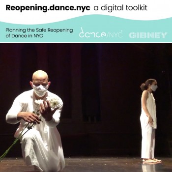 Arthur Aviles Dance theater dressed in all white, including face coverings, the dancers dance on a bare stage with black marley floors, illuminated by stage light.