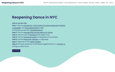 A screenshot of the Reopening Dance in NYC Website homepage. 