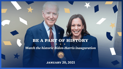 An image of Joe Biden and Kamala Harris with an overlay featuring confetti shapes in blue, white, and yellow. Text reads 