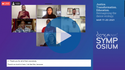 A collection of squares of a video call featuring Brandon Kazen-Maddox interpreting sign language, Iakowi:he'ne' Oakes, Jonathan GonzA?lez, DeeArah Wright, Nehemoyia Young, Christina Dawkins, and Abou Farman. The digital conversation is surrounded by blue graphics with text that reads 