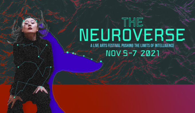 A woman dancing over a red and black background with a blue whale tail silhouette