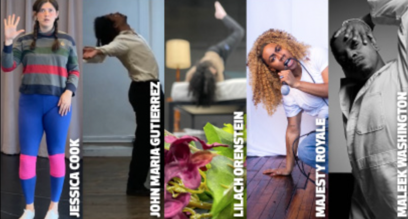 side by side vertical images of artists in various poses