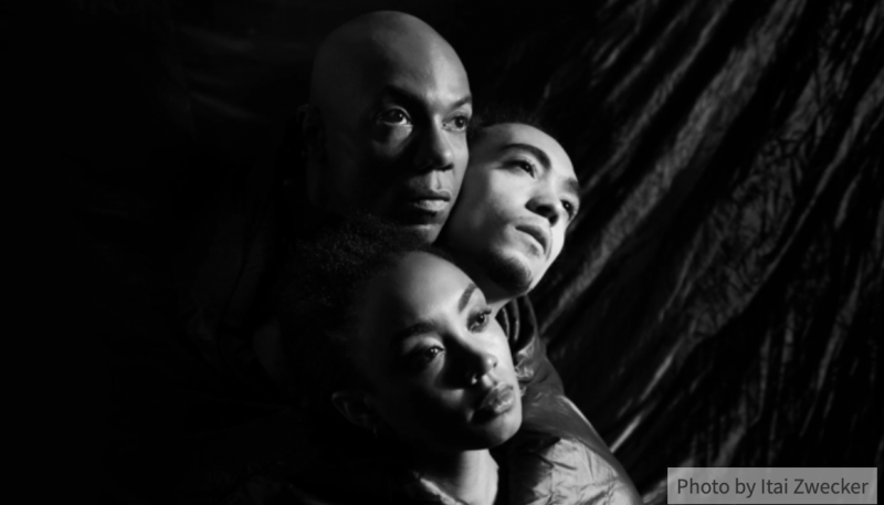 three people looking towards the right with their heads stacked on top of eachother. black and white