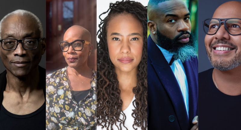 five headshots side by side