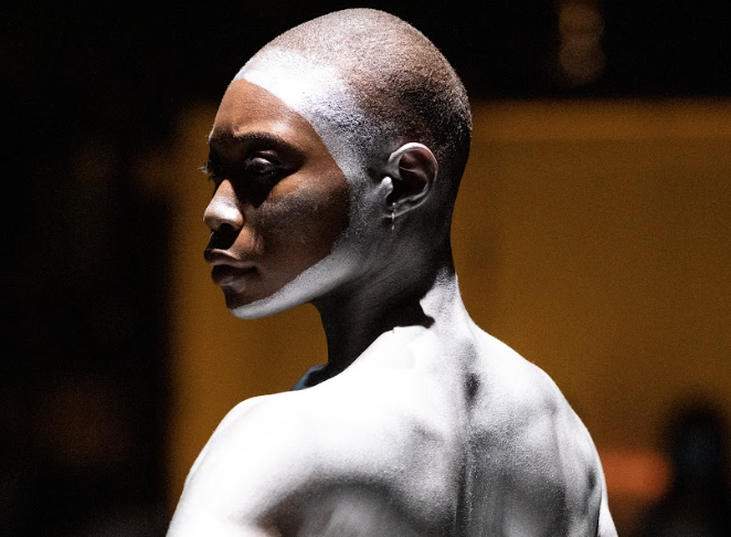 a dancer looks to the left with head and body painted in silver