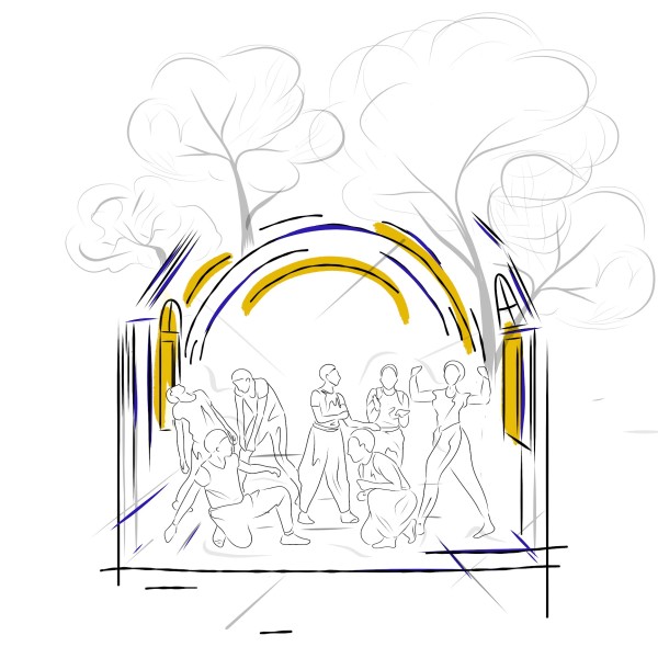 illustation of multiple individuals communing within a cozy home, a portal of sorts