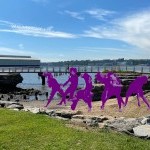 Seven dancers with a purple overlay effect jamming outdoors on a sandy beach. Lush grass and a bridge over water lie behind them