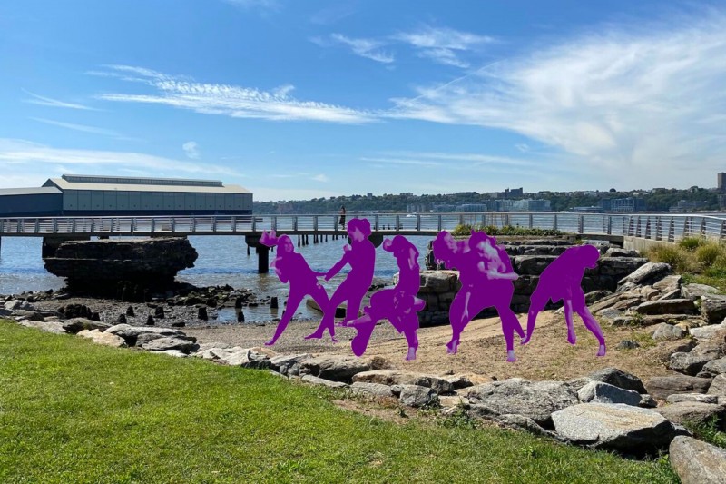 Seven dancers with a purple overlay effect jamming outdoors on a sandy beach. Lush grass and a bridge over water lie behind them