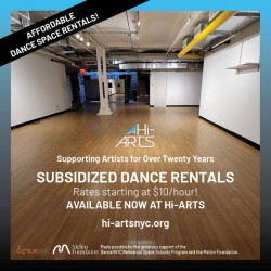 A color photograph of Hi-ARTS' dance studio with a graphic over lay of the Hi-ARTS triangle logo and white text that reads: 