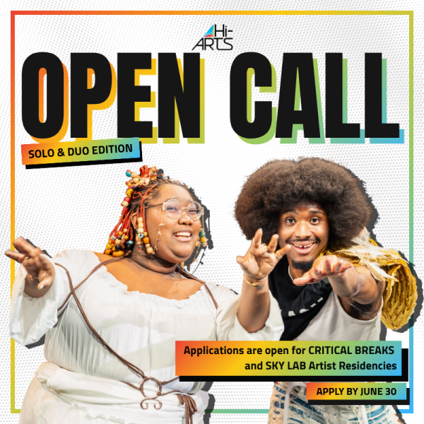 Hi-ARTS open call graphic featuring two artists posing playfully. Text reads: &ldquo;OPEN CALL: Solo & Duo Edition.&rdquo;