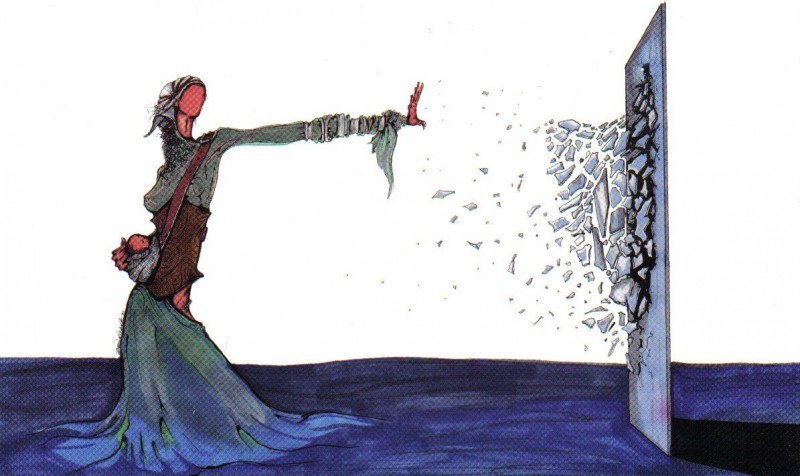 feminine figure, reaching towards glass wall