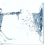 feminine person reaching towards shattering glass wall