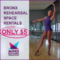 Brown skinned ballet dancer in purple leotard and brown ballet shoes posing in a large dance room with mirrors, wooden floors and ballet bars with text over photo saying Bronx Rehearsal Space Rentals Only $5