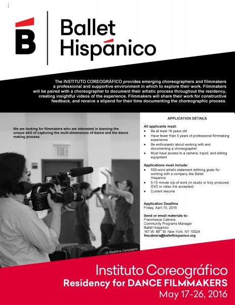 Instituto Coreogr&aacute;fico Residency for DANCE FILMMAKERS May 17-26, 2016