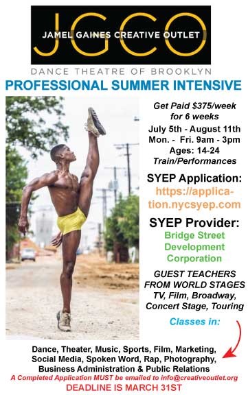 Flyer of Jamel Gaines Creative Outlet's Summer Intensive: Text says "Get Paid To Train,  $375 a Week"