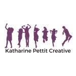 Silhouettes of seven dancers jumping above the lettering Katharine Pettit Creative