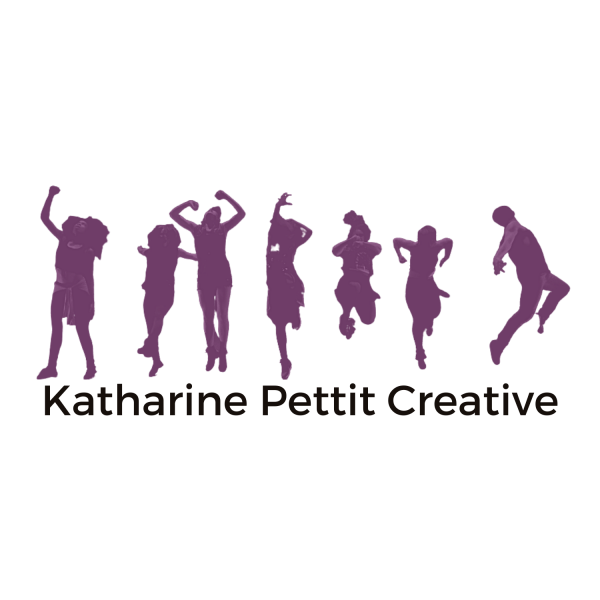 Silhouettes of seven dancers jumping above the lettering Katharine Pettit Creative