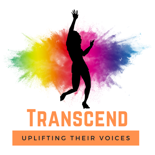 "Transcend" logo with Dancer reaching arms up in a rainbow splash of color behind them