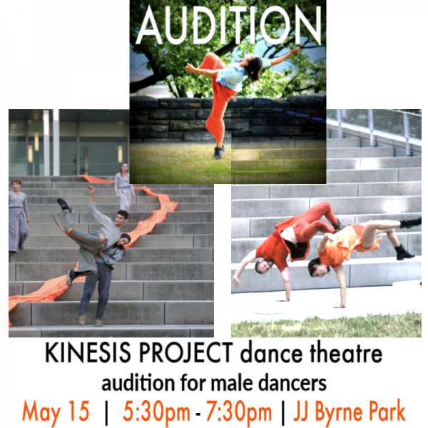 a female dancer lifts. a male dancer in an expanded shape over lage steps, a malke dancer with long dreads is in mid-barrel turn