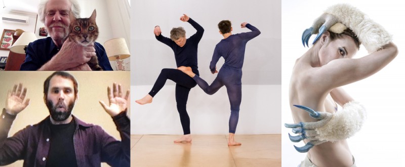 Left: Davidson Gigliotti and Leo (top) and Stuart Sherman (bottom), stills from video by Davidson Gigliotti; Jennifer Monson and