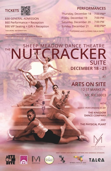 Several dancers make a triangle in a pink background. The Text contains details of the performance dates and logos of sponsors. 