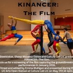 Contemporary Ballet Dancers in blue, yellow and red unitards are interacting with a very large steel sculpture.