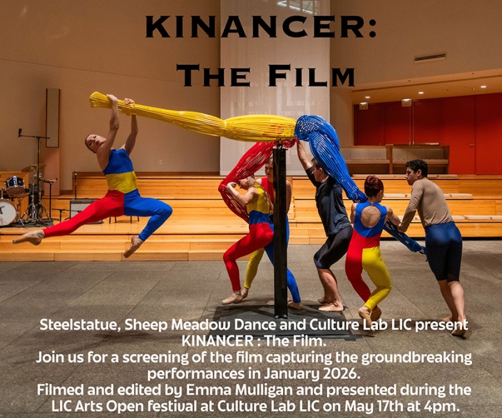 Contemporary Ballet Dancers in blue, yellow and red unitards are interacting with a very large steel sculpture.