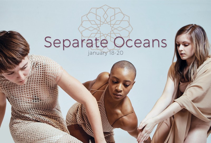 Three dancers with the title of dance "Separate Oceans" over the image