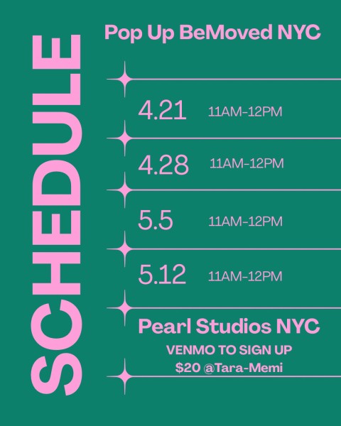 Image contains schedule: April 21 and 28, May 5 and 12, 11am Pearl Studios NYC 500 8th Ave