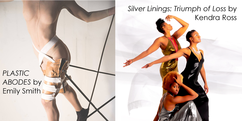 One image of a dancer on platform shoes attached to wires and another image of three female dancers in long gowns posing.