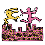 Two dancers above the new york city skyline, rendered in a Keith Haring style illustration.