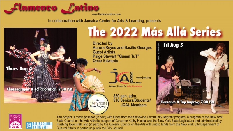 Flamenco Latino postcard for The 2022 Más Allá Series at JACAL with a photo of FL dancers, QueenTuT, and Reyes/Edwards photo