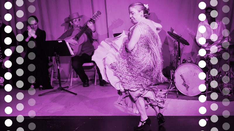 Aurora Reyes dancing with Flamenco Latino at 2016 home-based season, tinted magenta