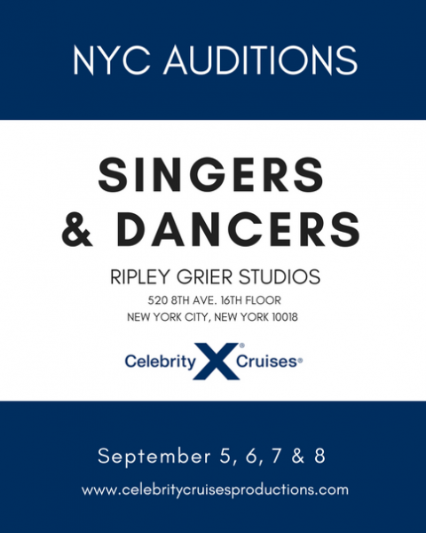 NYC Auditions - www.celebritycruisesproductions.com for more info.
