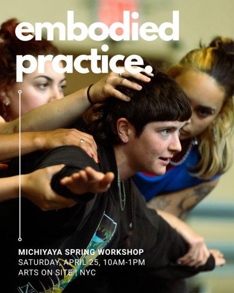 Flyer that reads Embodied Practice. Photo behind features a group of people holding the body of another speaking.