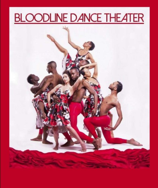 A company photo of Bloodline Dance Theatre wearing red, white, and black.